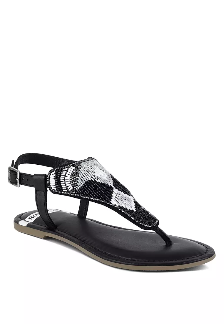 Pin Buckle Beaded Flat Sandals in Black