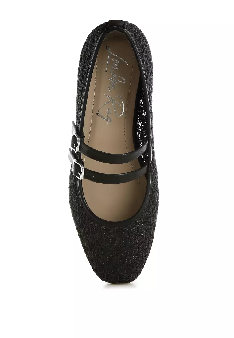 Pin Buckle Strapped Ballerinas In Black