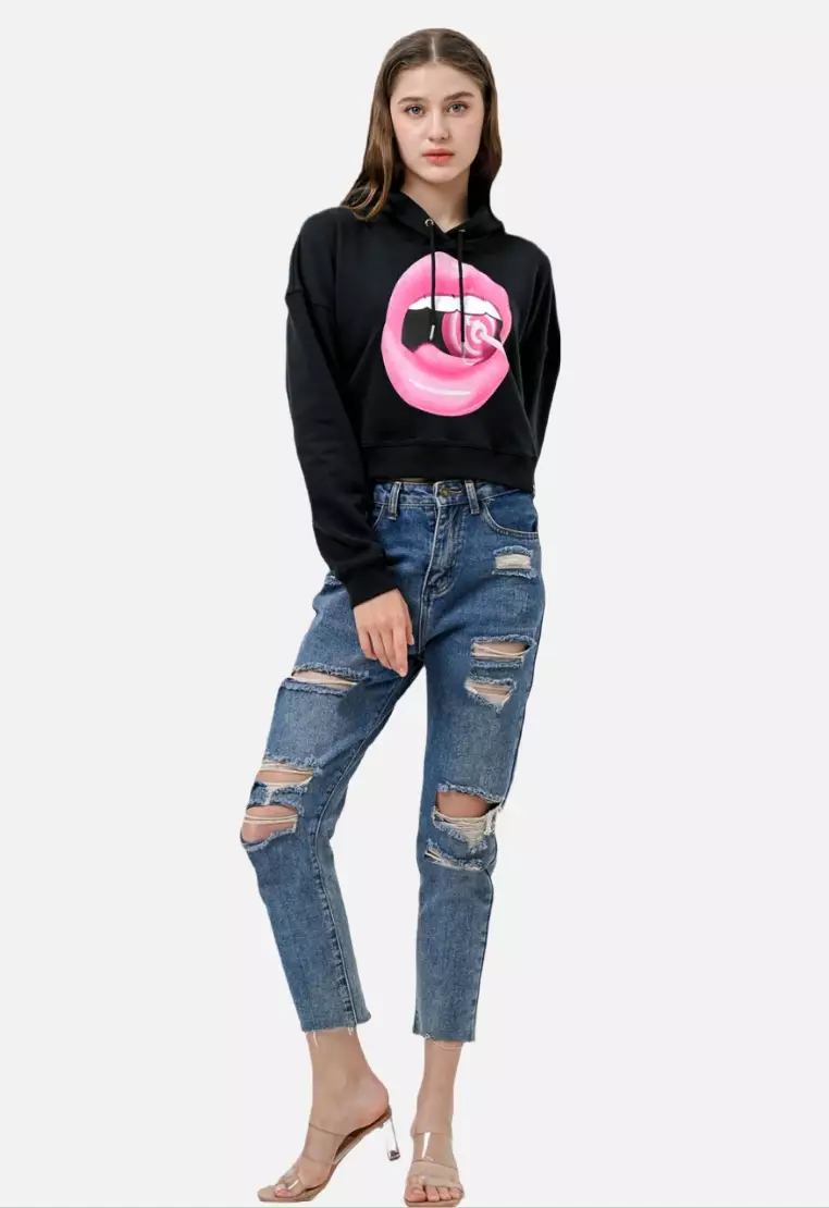 TONIQUE Hoodie Wanita Crop Katun Hitam LOLLY Women's Regular Fit Cotton Crop Hoodie Black