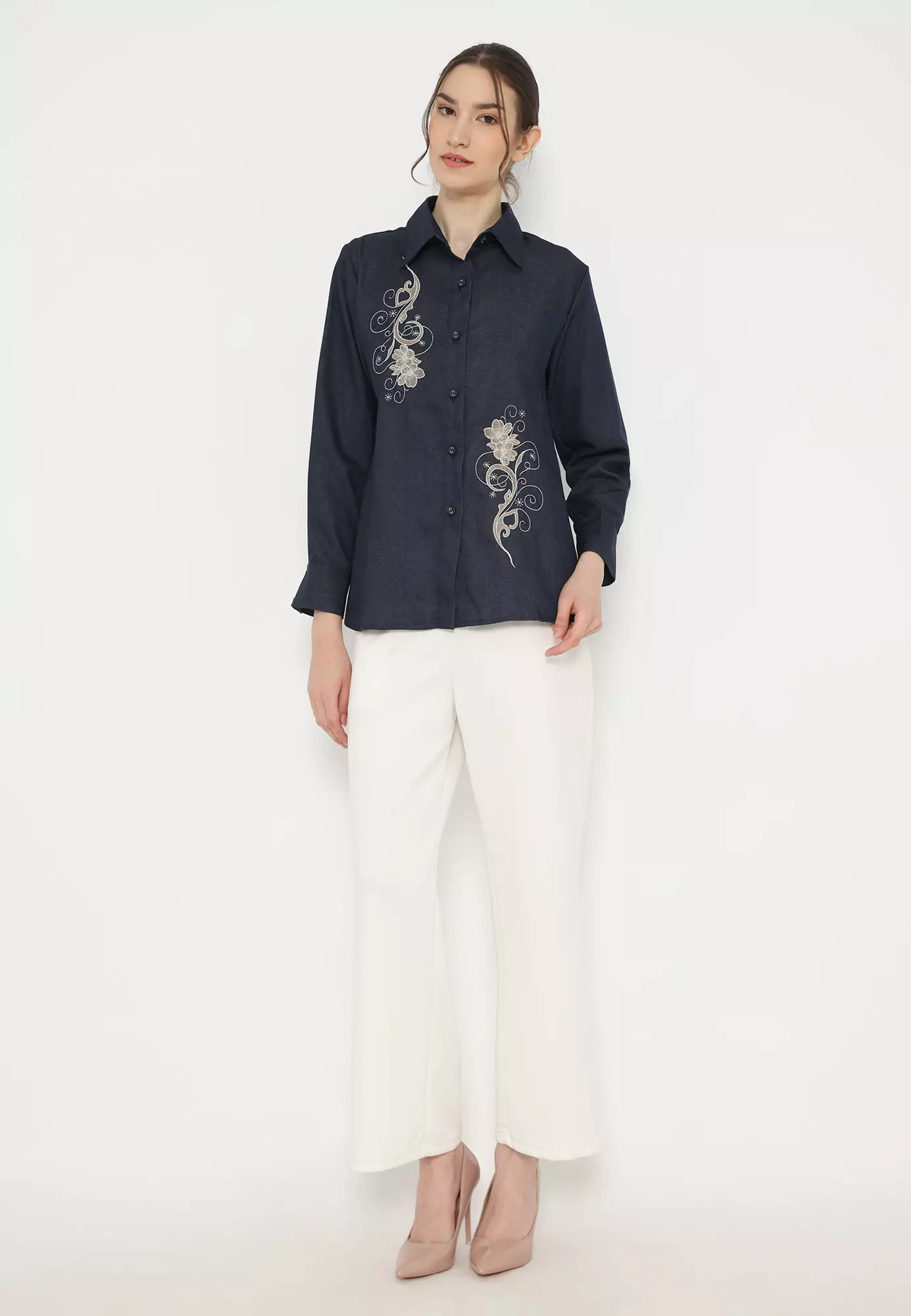 Denim Shirt With Embroidery In Dark Navy By Brilliant Girl Warna NAVY