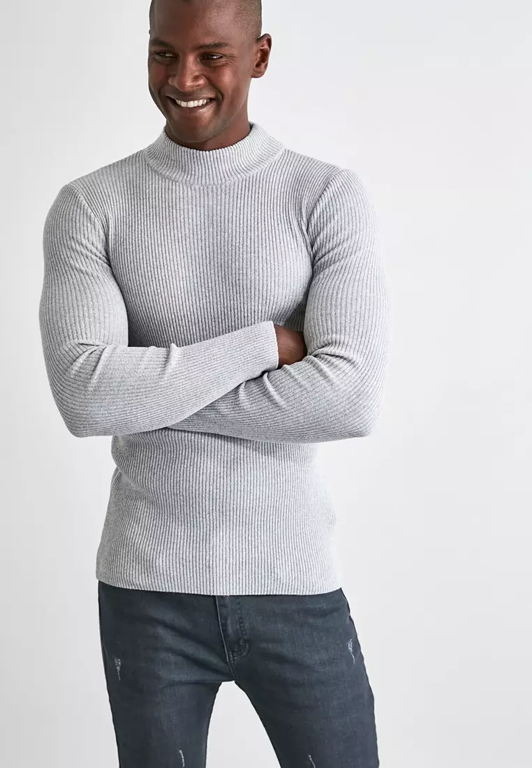 Gray Fitted Cotton Half Turtleneck Plain Knitwear Sweater Tmnaw21Kz0568