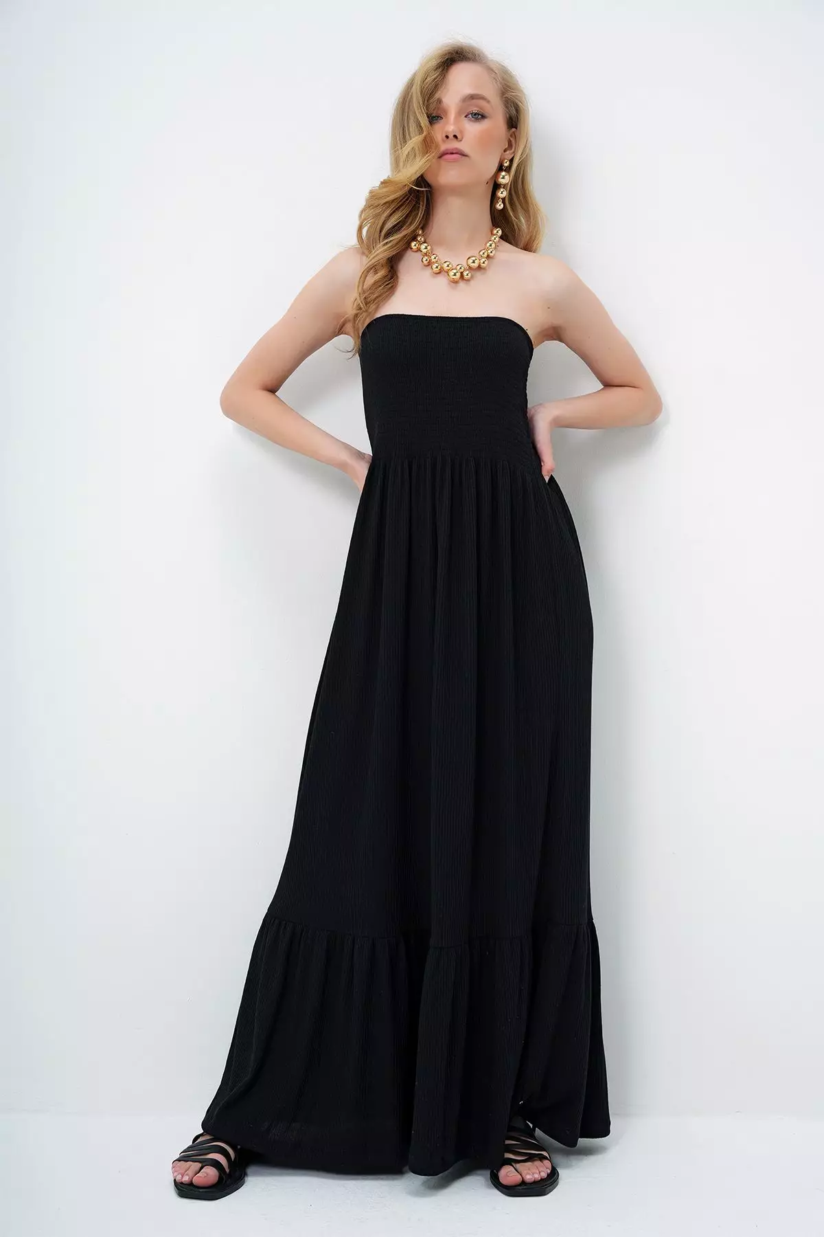 Women's Black Skirt Flounce Summer Long Strapless Dress Alc-X14127