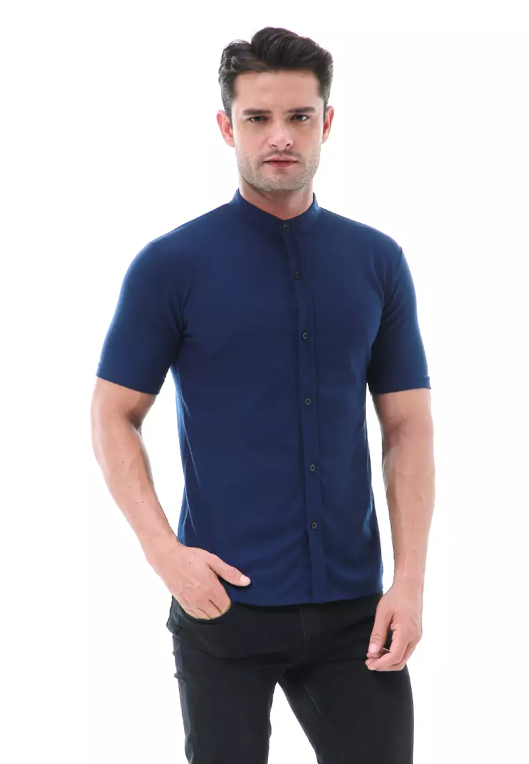 Leopold Atasan Pria Kemeja Kasual Slim Fit Lengan Pendek Motif Polos Material Cotton ORIGINAL - Navy