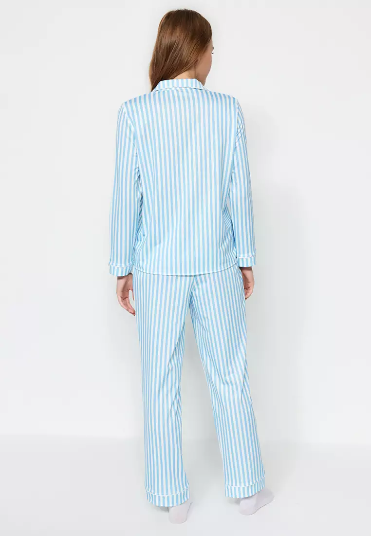 Stripe Patterned Piping And Fleece Lined Shirt-Pants Knitted Pajama Set