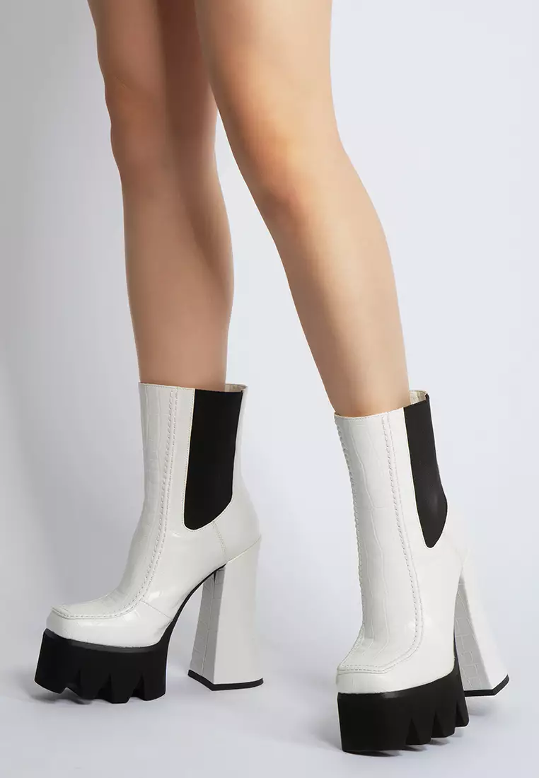 White High Platform Block Heel Lace Up Biker Boots