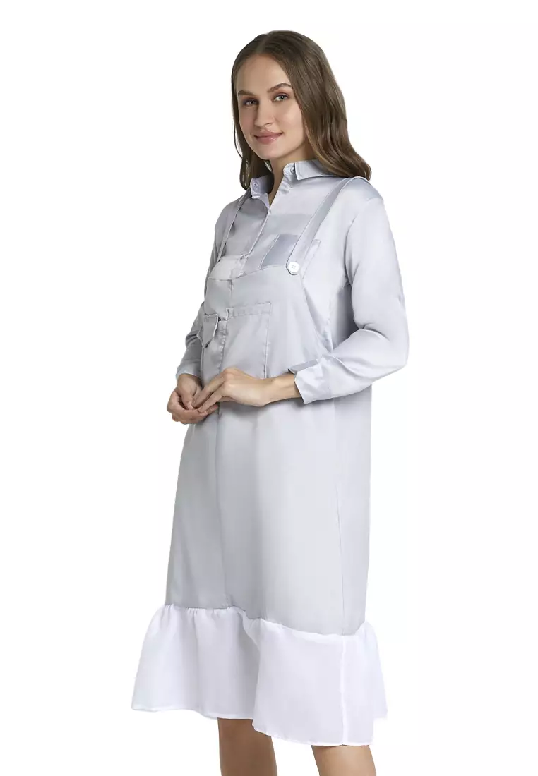 Gaynelle Overall Moscrepe Aiko Motif Solid Mini Dress Wanita Design Simple - Abu Muda