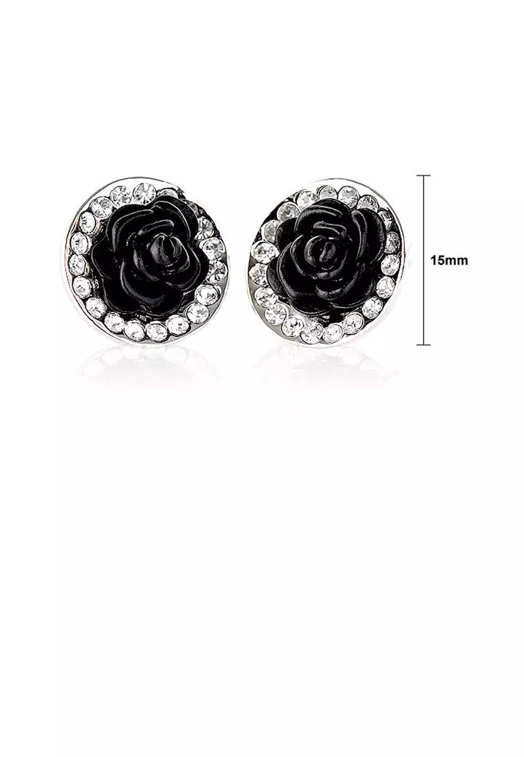 Elegant Black Rose Earrings with Silver Austrian Element Crystals