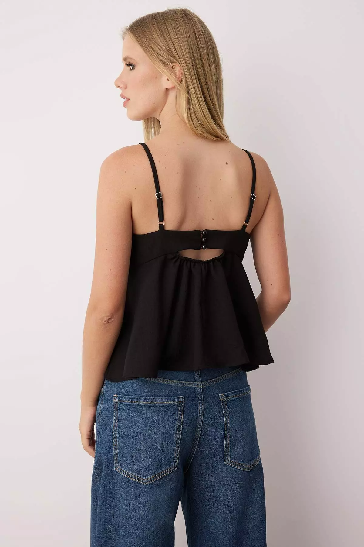Black Linen Look Bow Detail Strap Blouse