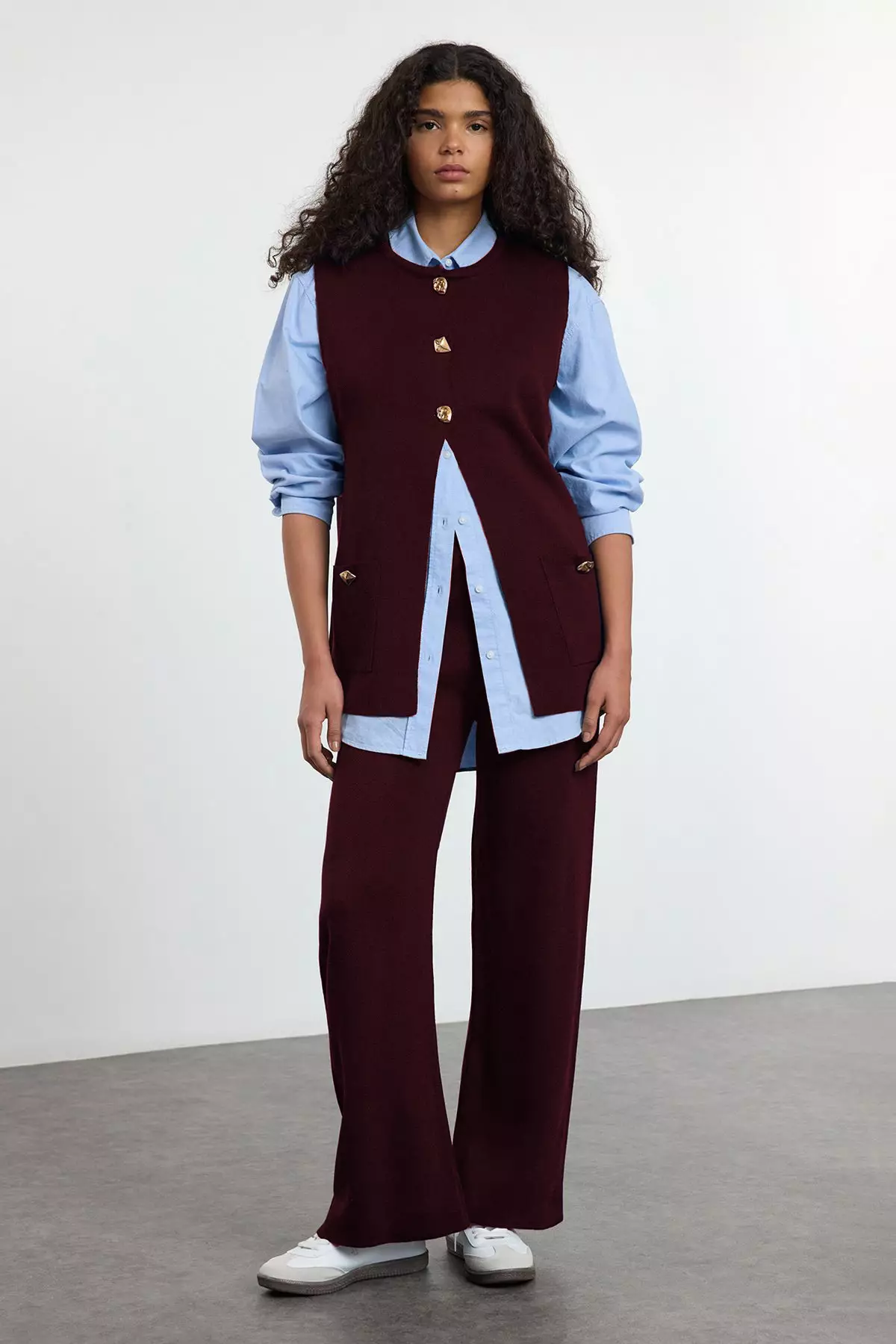 Plum Wide Fit Button Detail Vest Pants Knitwear Top And Bottom Set