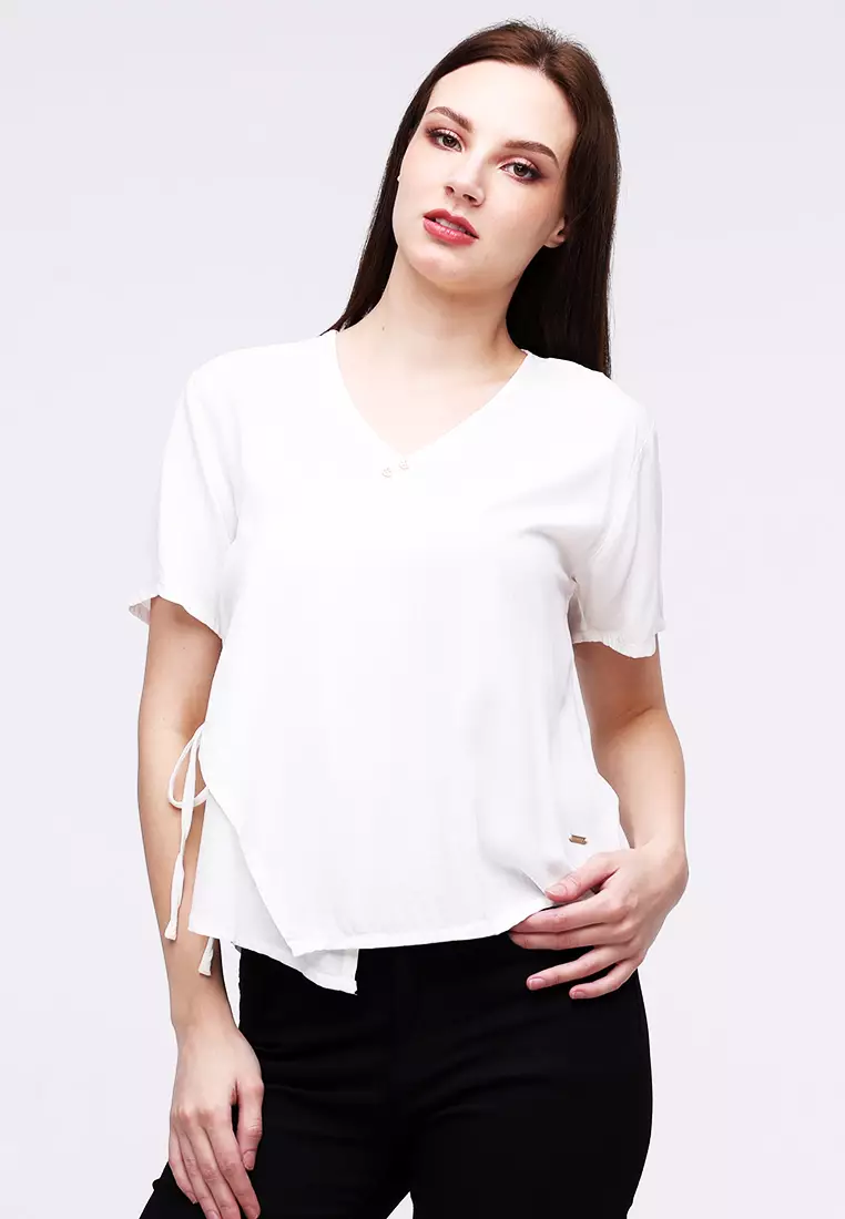 Buy Freego Ladies Woven Plain Soft Linen Short Sleeves Blouse 2024 Online