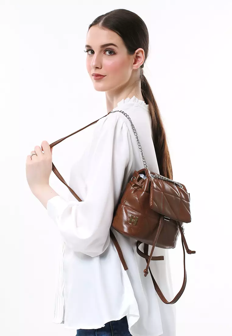 Cellyn Tas Ransel Mini Wanita Strap Kombinasi Rantai Material Leather ORIGINAL - Brown