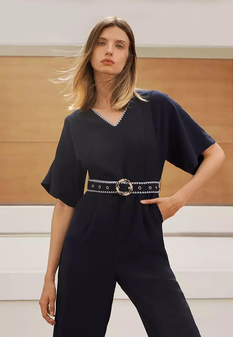 Waist Belt V Neck Jumpsuit
