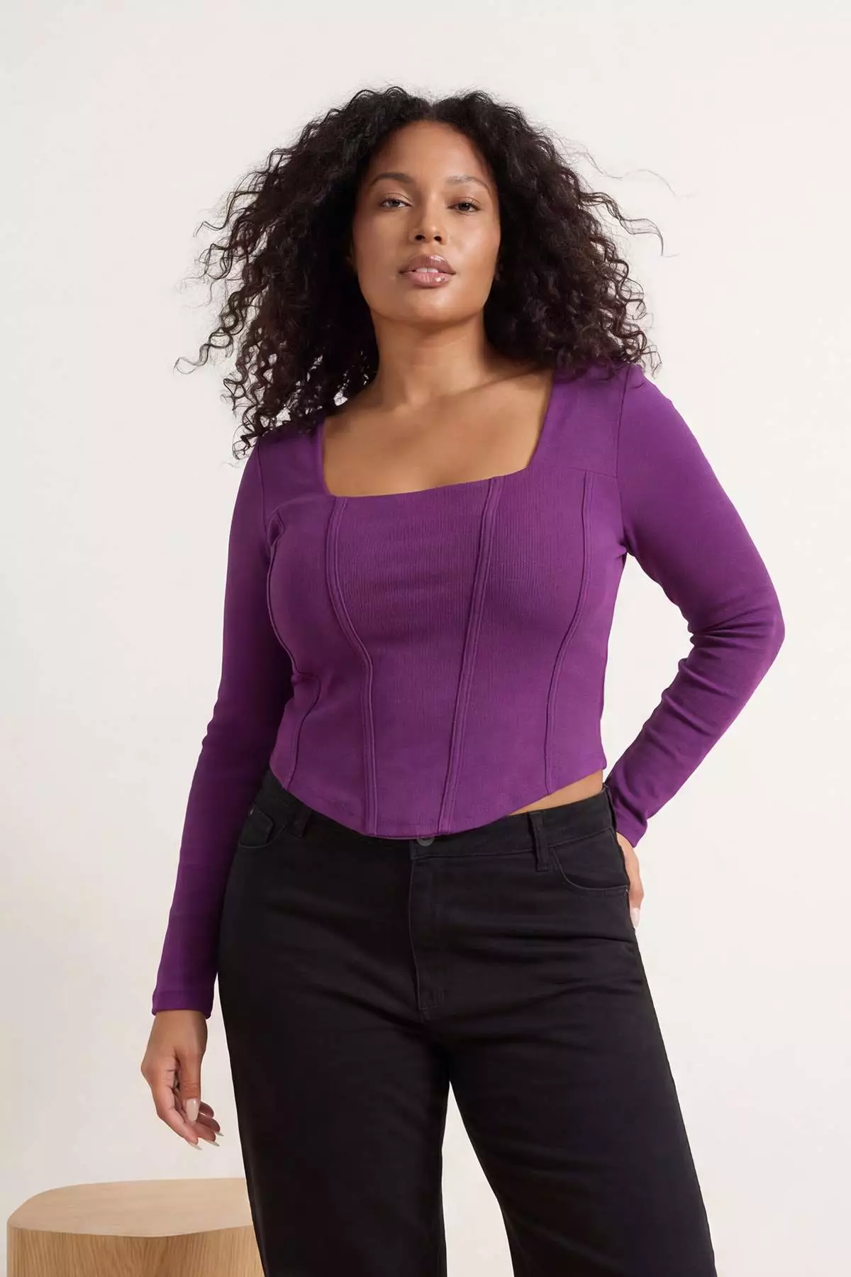Purple Twill Piping Detailed Knitted Oversize Blouse Tbbaw23Af00118