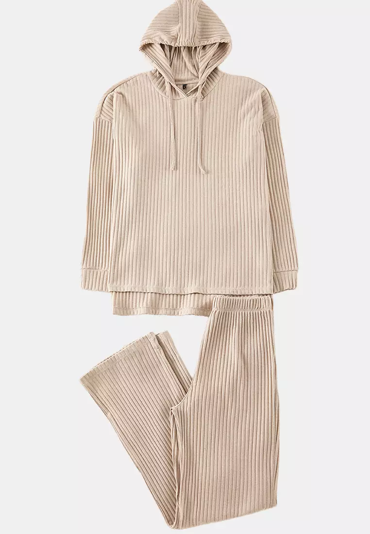 Dark Beige Hooded Ribbed Knitted Pajama Set THMAW22AU0334
