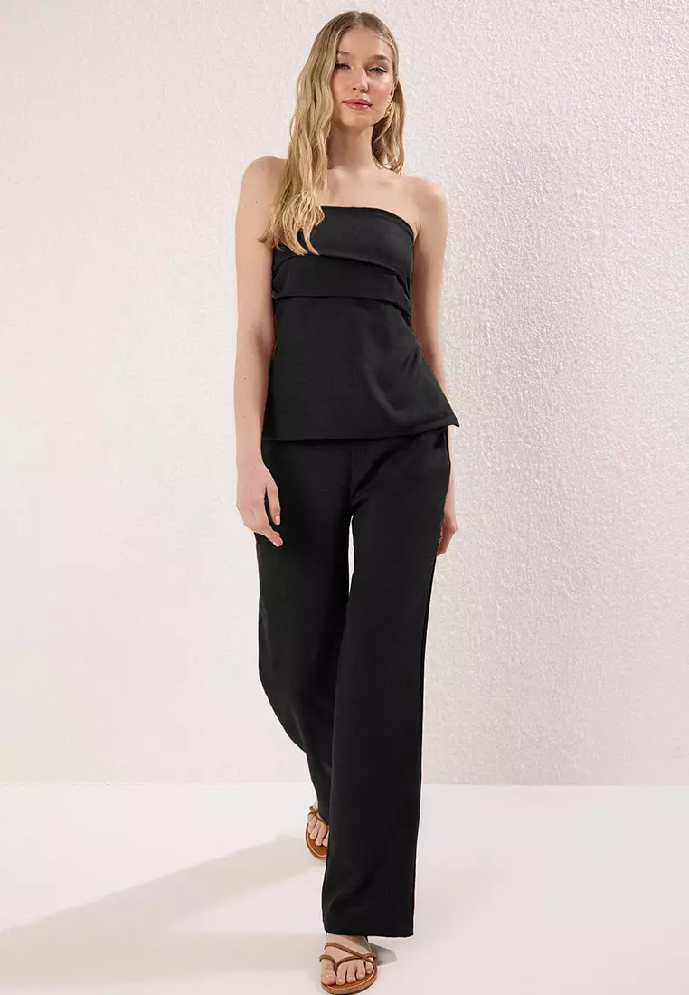 Black Linen Look Strapless Blouse And Pants Bottom Top Set