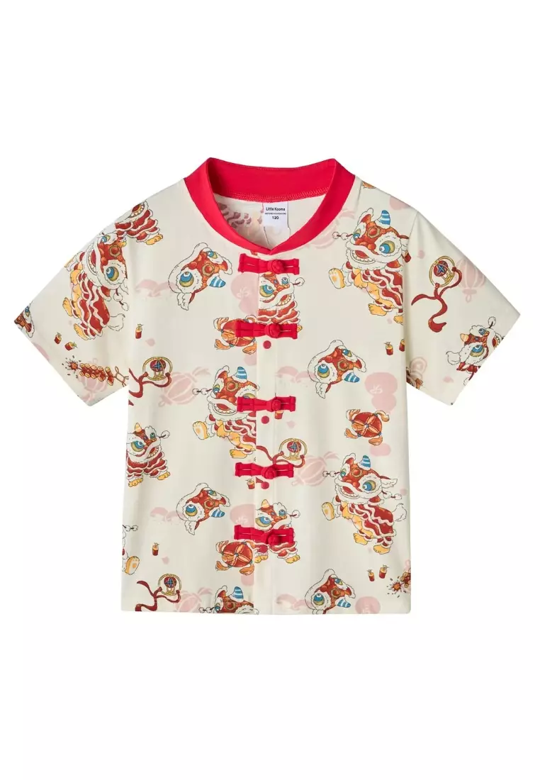 現貨 新加坡農曆新年白色醒獅主題嬰幼兒男孩唐裝上衣配短褲套裝