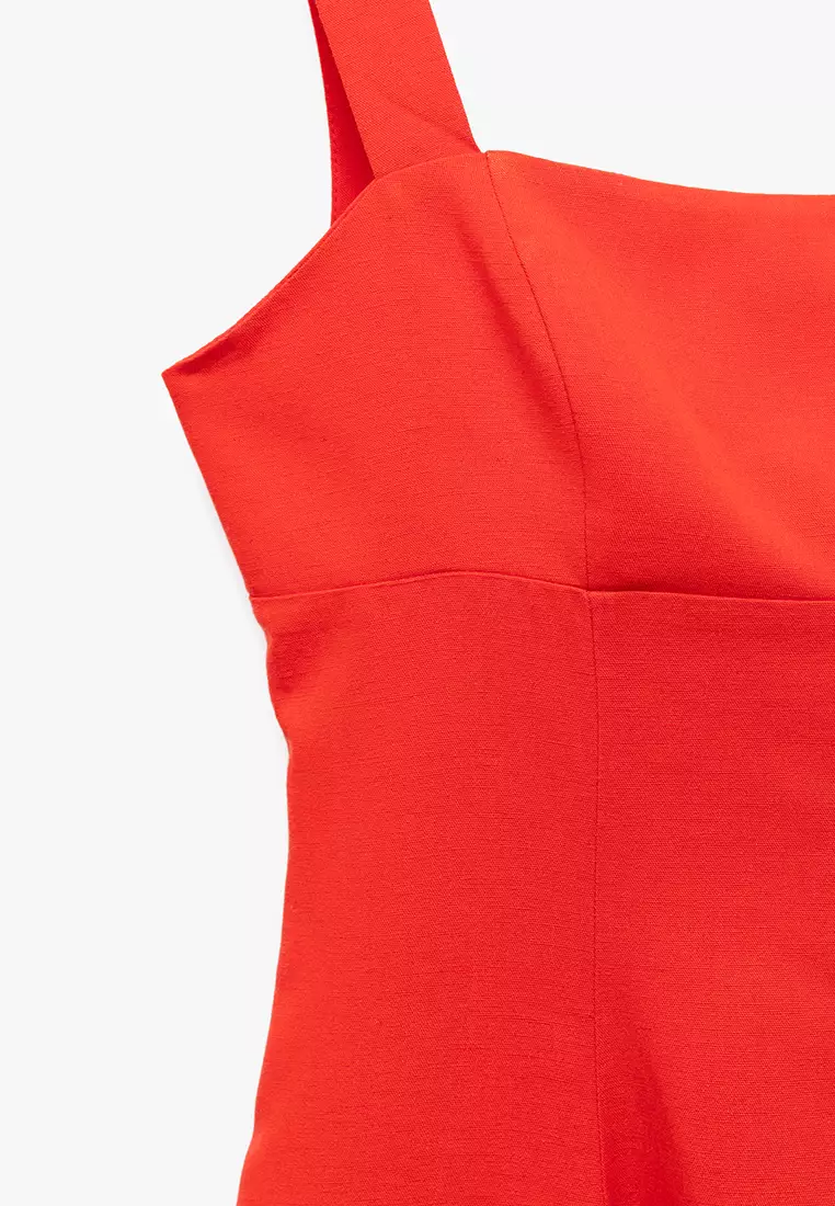 Linen Blend Square Neck Sleeveless A-Line Strap Mini Dress