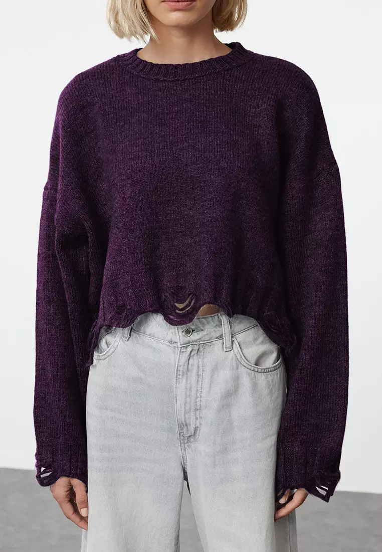 Purple Crop Wide Fit Soft Textured Pullover Detailed Sweater