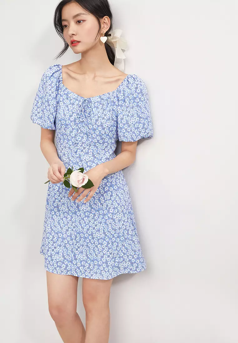 Puff Sleeve Square Neck Mini Dress