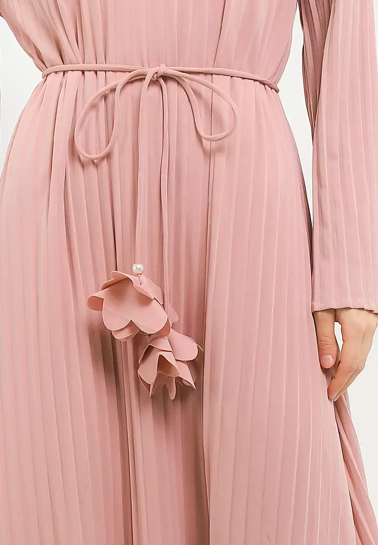 L/S Pleated A-Line Dress W/ Maxy Neck Ribbing