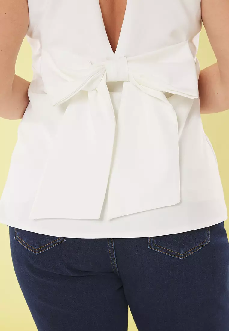 White Sleeveless Backless Bowknot Stylish Woven Plus Size Blouse Tbbss25Af00089