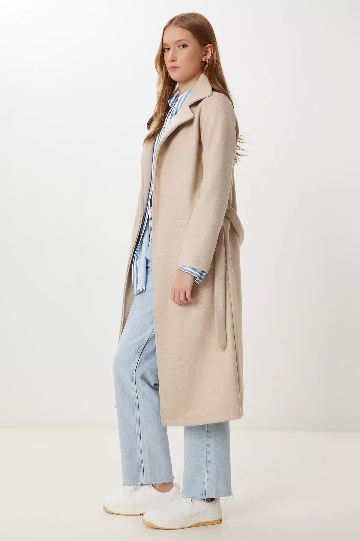 Buy Happiness Istanbul Women's Beige Double Breasted Collar Belted