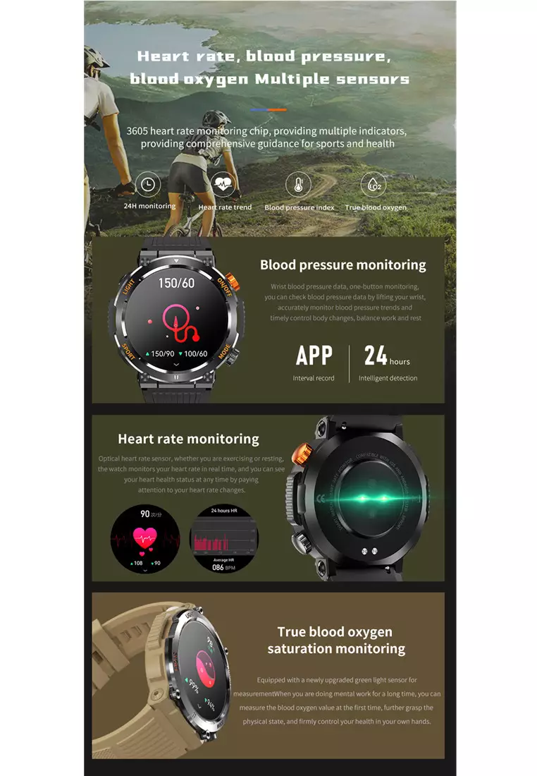 SmartWatch HT17 Anti Air Layar Terang 1.46'' Olahraga Monitor Detak Jantung Music Lampu LED Jam Tangan Pria Khaki