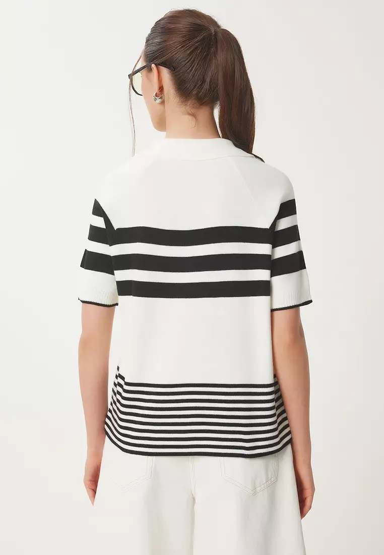 Polo Neck Striped Knitwear Blouse