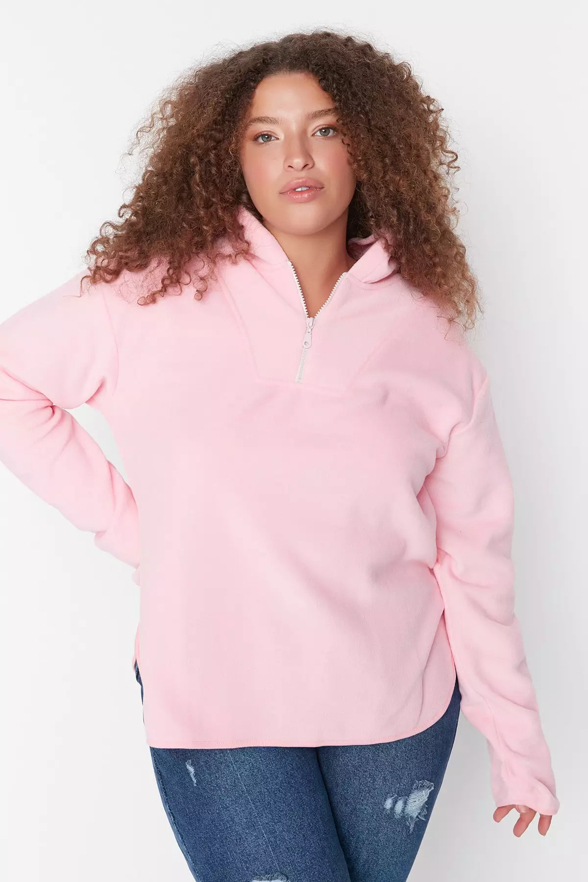 Plus Size Pink Hooded Fleece Sweatshirt