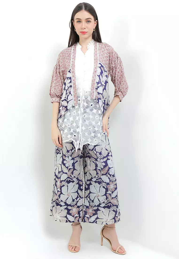 Setelan Batik Cap Atasan Outer Cardigan dan Celana Kulot Wanita Arumi Merona Spesial JFW Collection Rumi Blue Brown [TANPA INNER]