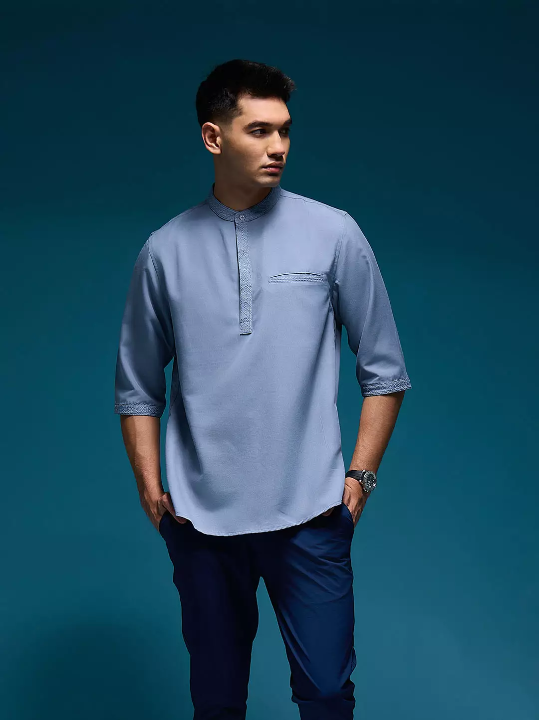 OXCON Kemeja koko Tangan 3/4 Bordir Hasbi Blue Grey