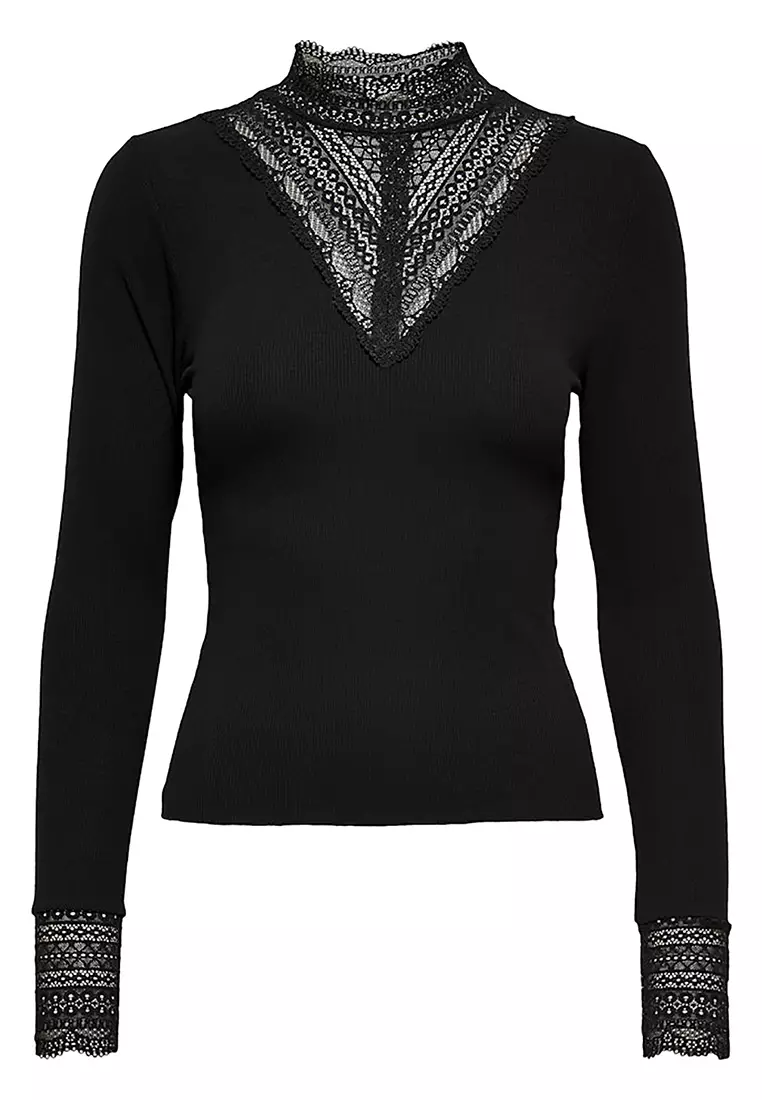 Long Sleeves High Neck Lace Jersey Top