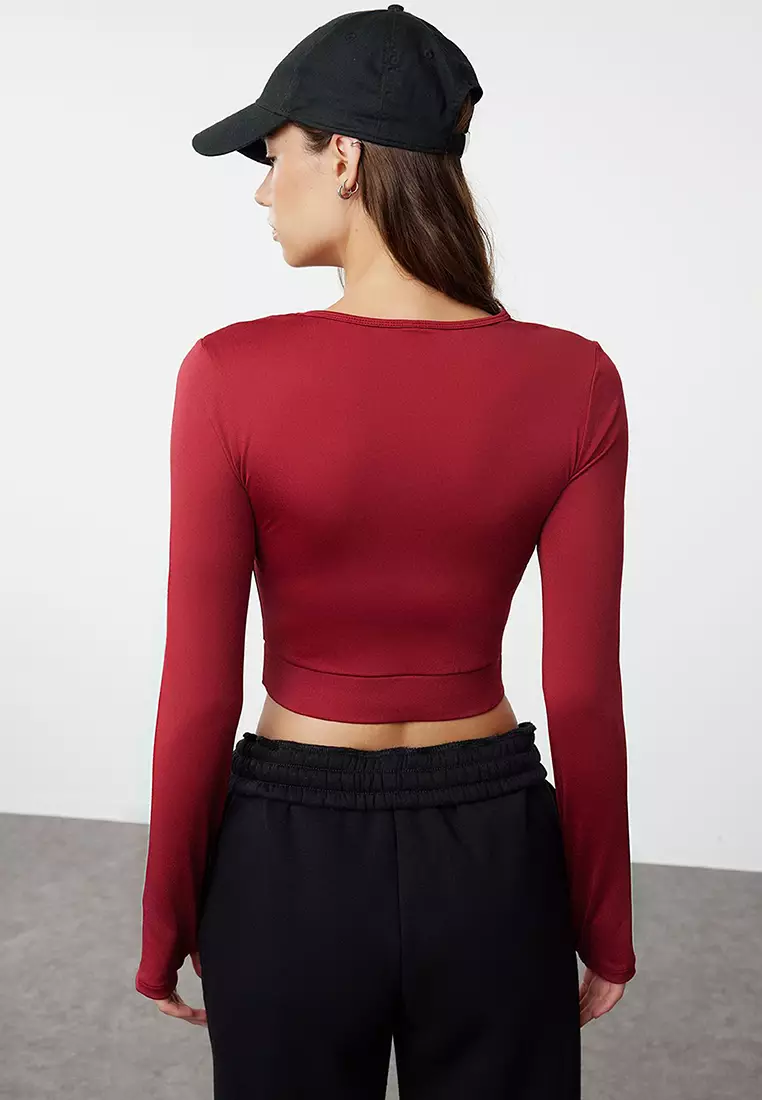 Burgundy Crop Window/Cut Out and Thumb Hole Detailed Knitted Sports Top/Blouse TWOAW22BZ0481
