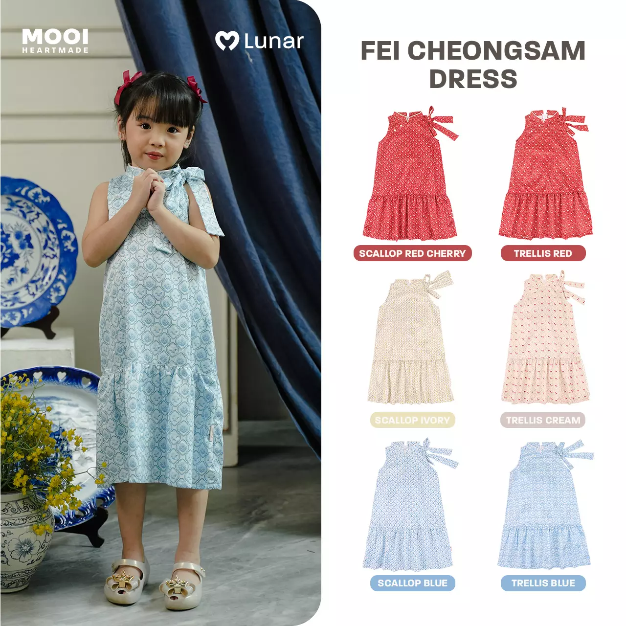 Mooi Dress Anak Perempuan Lunar Collection Fei Cheongsam Dress - Scallop Red Cherry