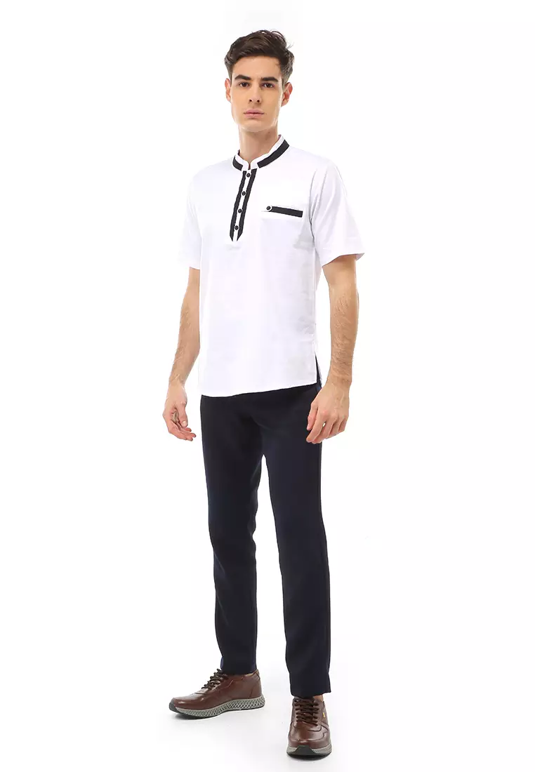 Dwan Atasan Formal Pria Kemeja Koko Motif List Kancing Short Sleeve Material Cotton ORIGINAL - White