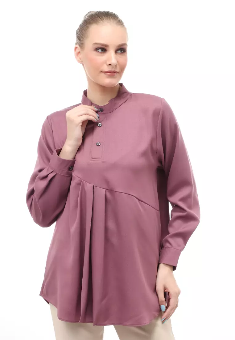 Blouse Atasan Wanita Motif Polos Design Simple Front Button Opening Regular Fit - Taro