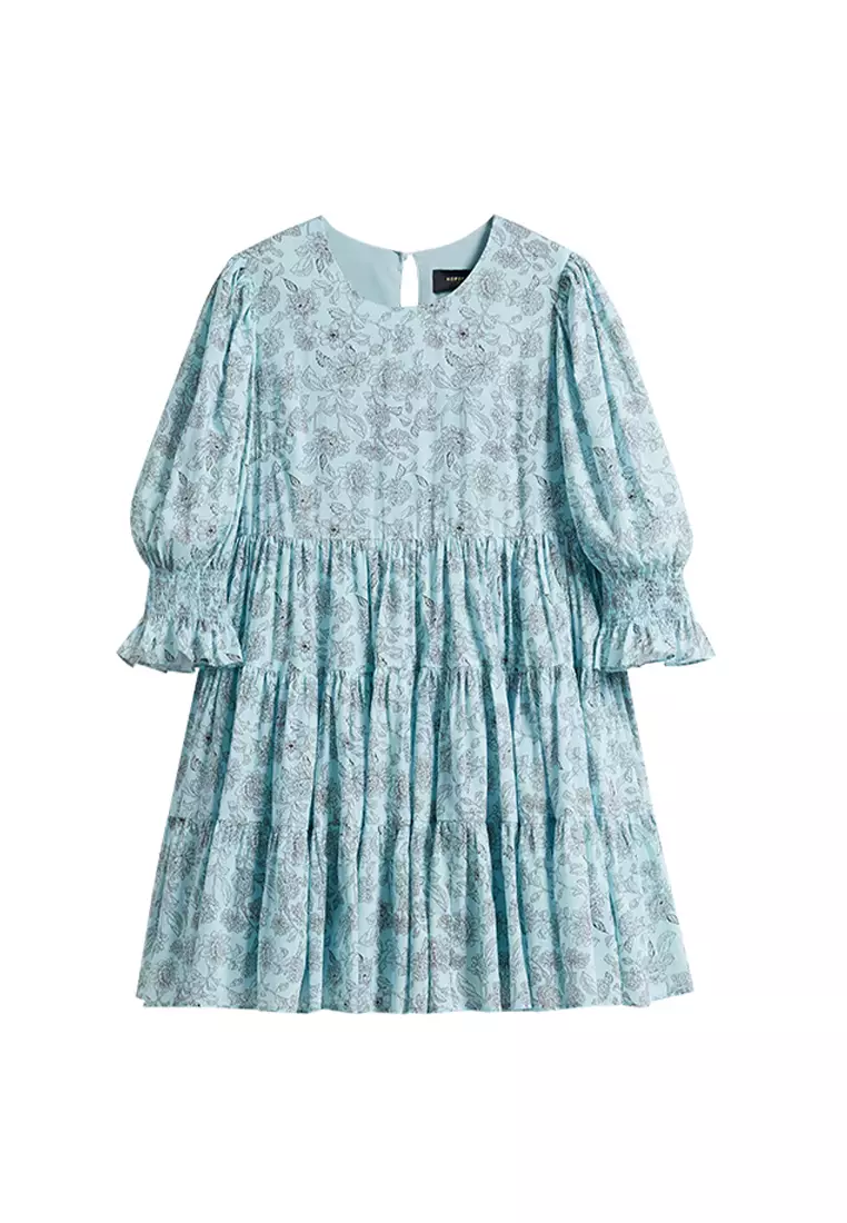 Short Puff Sleeve Tiered Floral Midi Dress