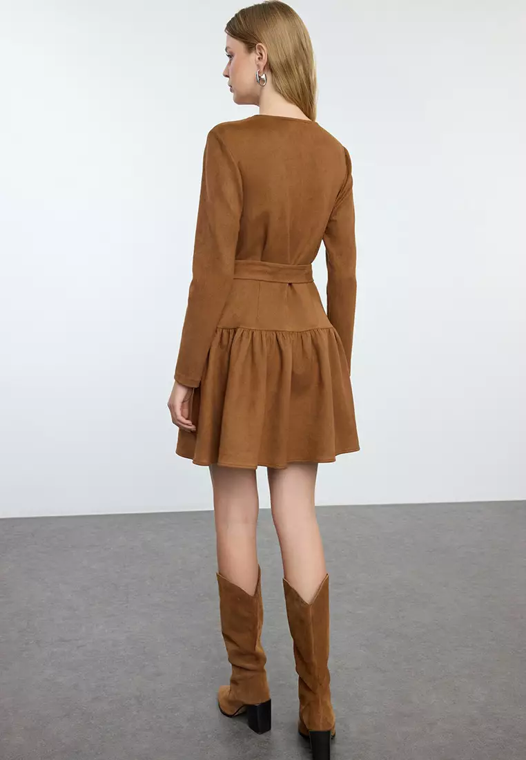 Tan Skater/Waist Open Pleated Skirt Suede Mini Woven Dress TWOAW25EL00252