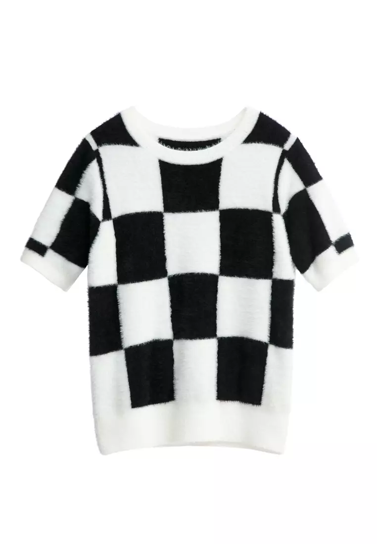 Black White Checkered Fuzzy Top