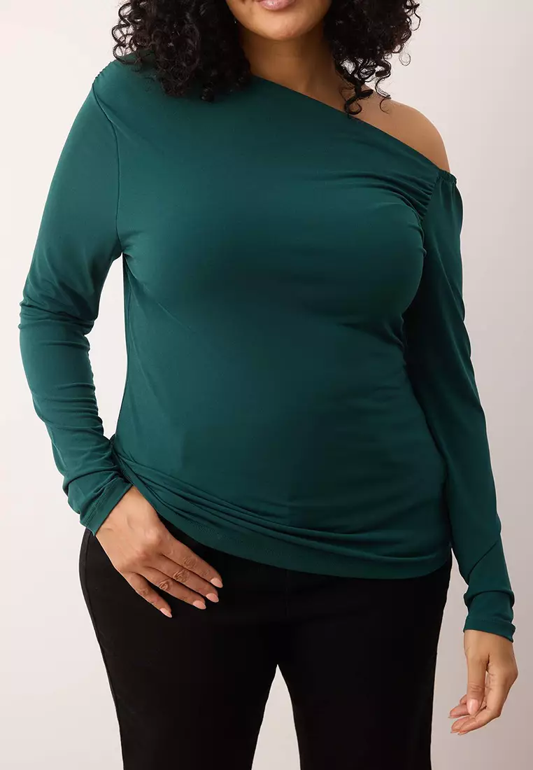 Emerald Green Gathered One Shoulder Knitted Plus Size Blouse Tbbaw25Af00013