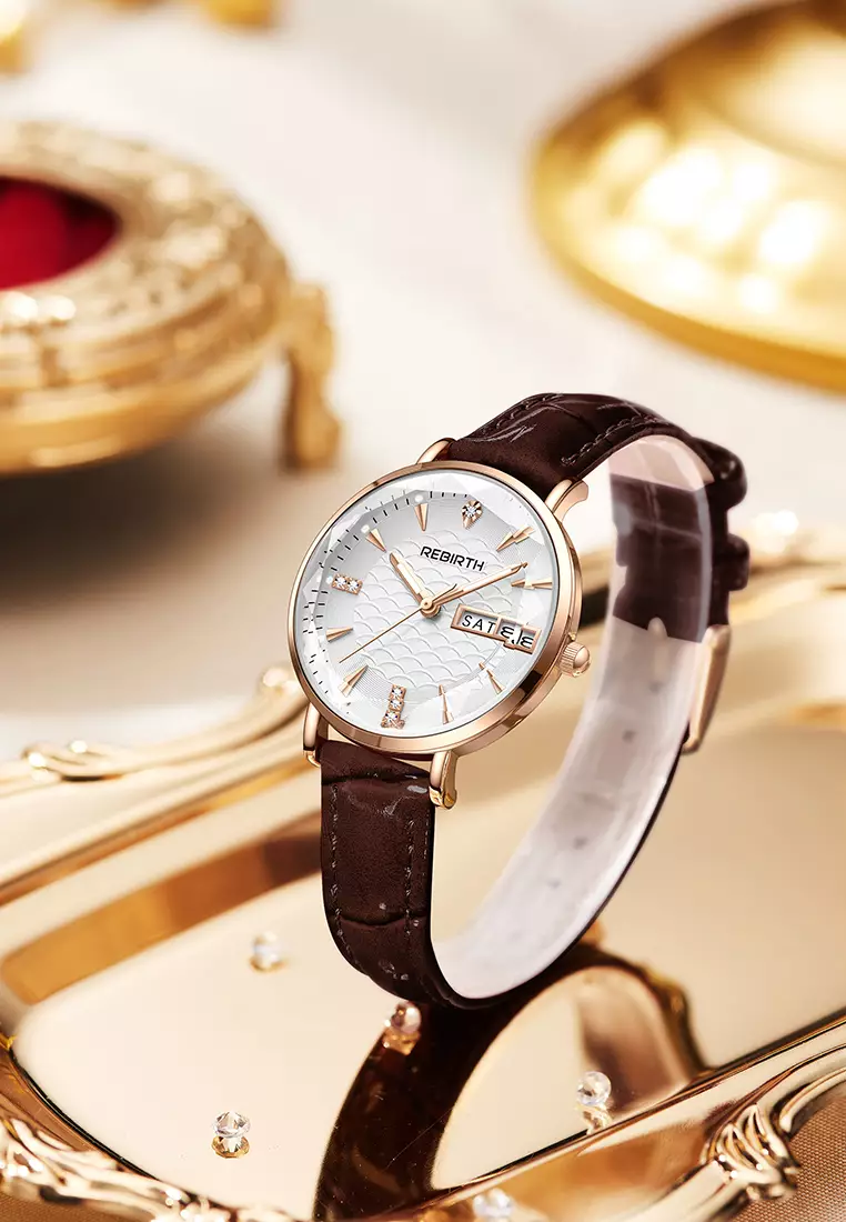 Jam Tangan Wanita Tahan Air Tali Kulit Jam Wanita Kuarsa Santai Mode Jam Tangan Cewek brownwhite