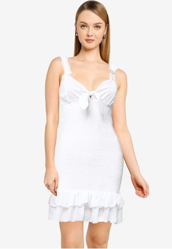 Cotton On white Woven Mia Tie Front Shirred Mini Dress 4C398AA3EE07FFGS_1