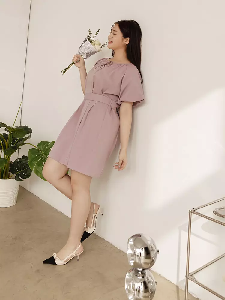 Waist cinching belt Bubble Sleeve Short Dress [DA10129]