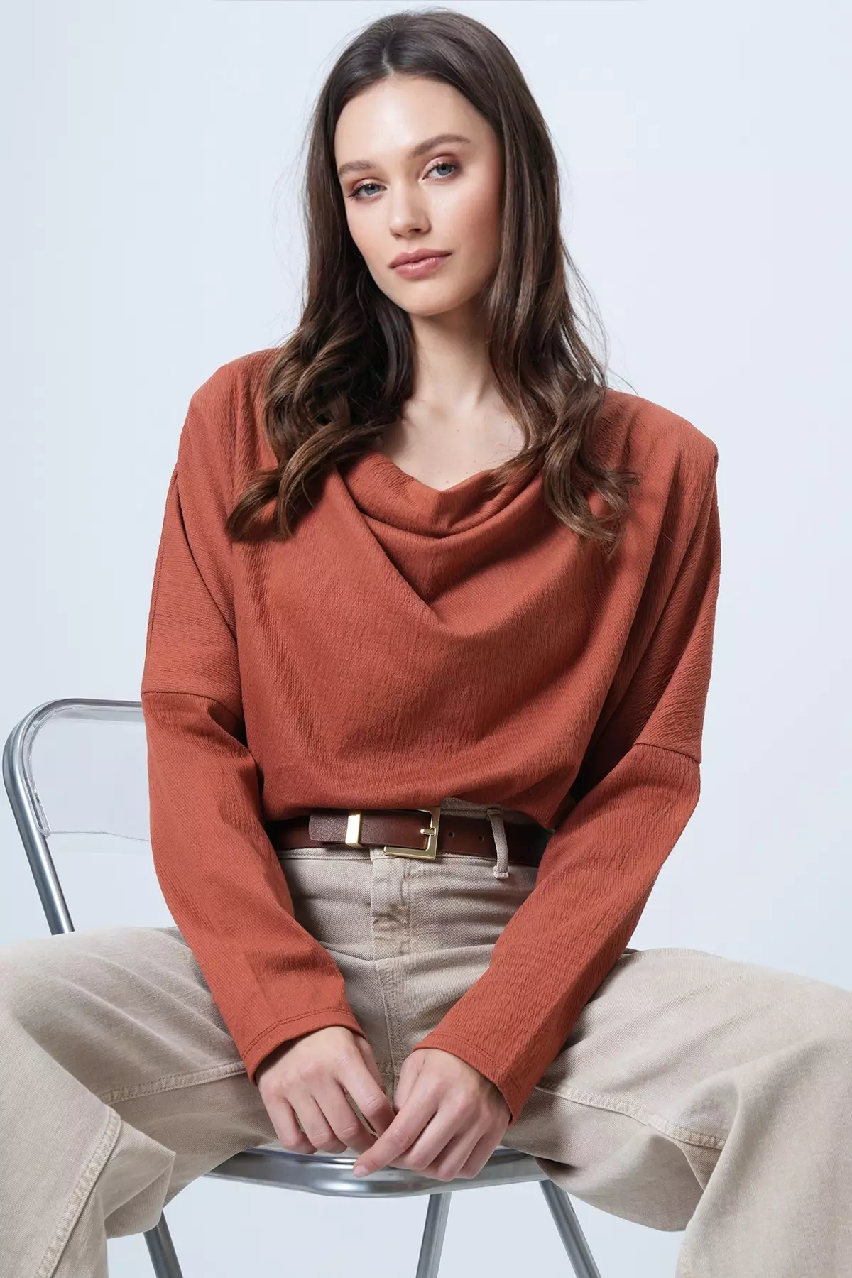Tile Patterned Collar Wide Cut Knitted Blouse Alc-X13126
