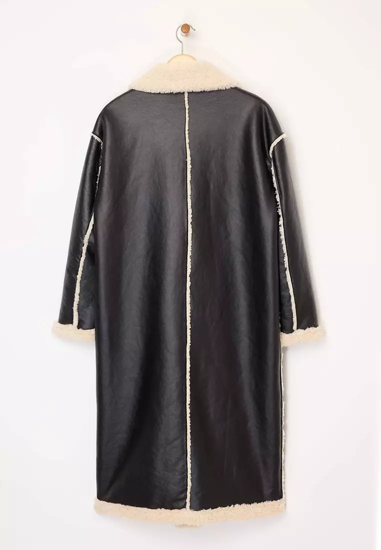 Black Double-Sided Plush Mono Closure Oversize Long Faux Leather Coat