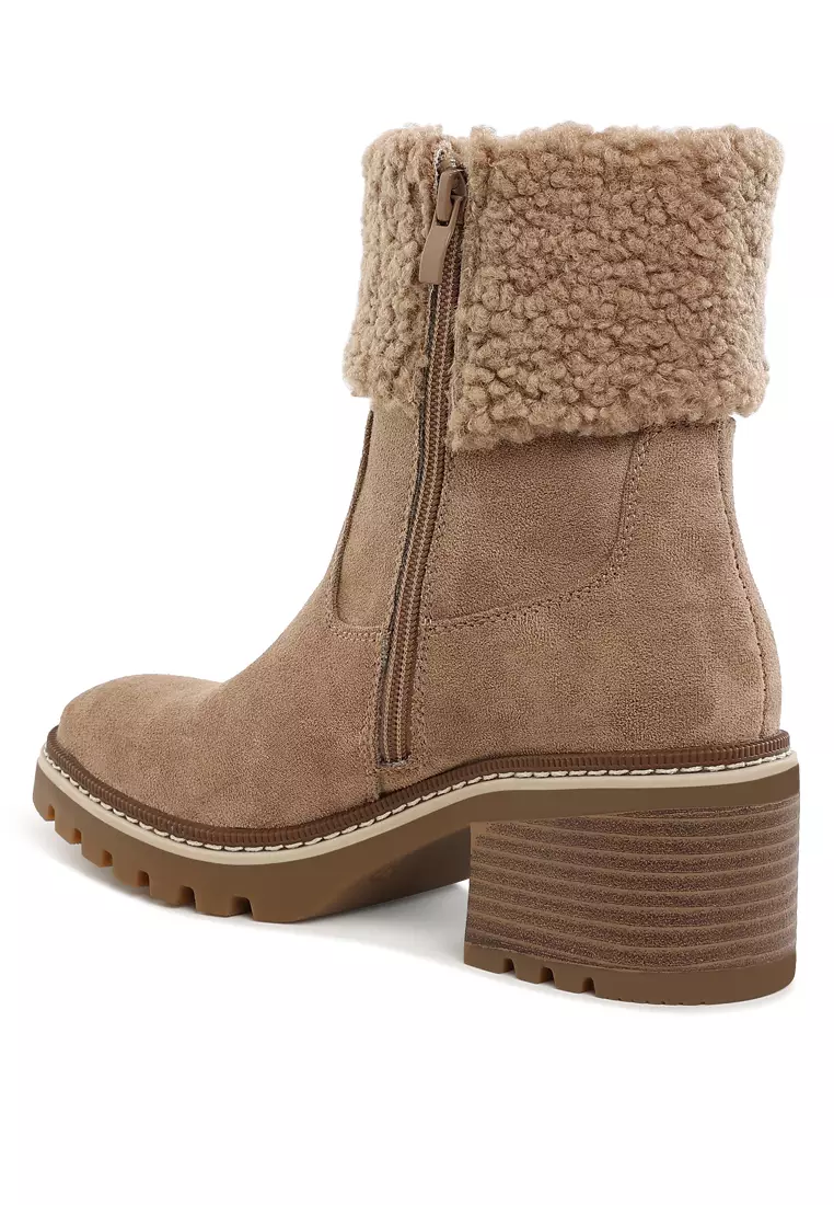 Faux Fur & Embroidery Detail Boots in Beige