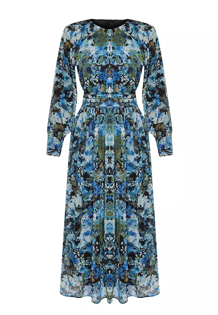 Black Blue Floral Sash Detailed Woven Dress TCTSS24EB00045