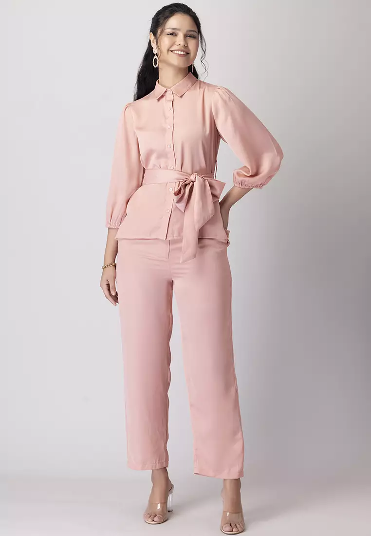 Light Pink Collared Shirt With Pants And Belt Co-ord Set