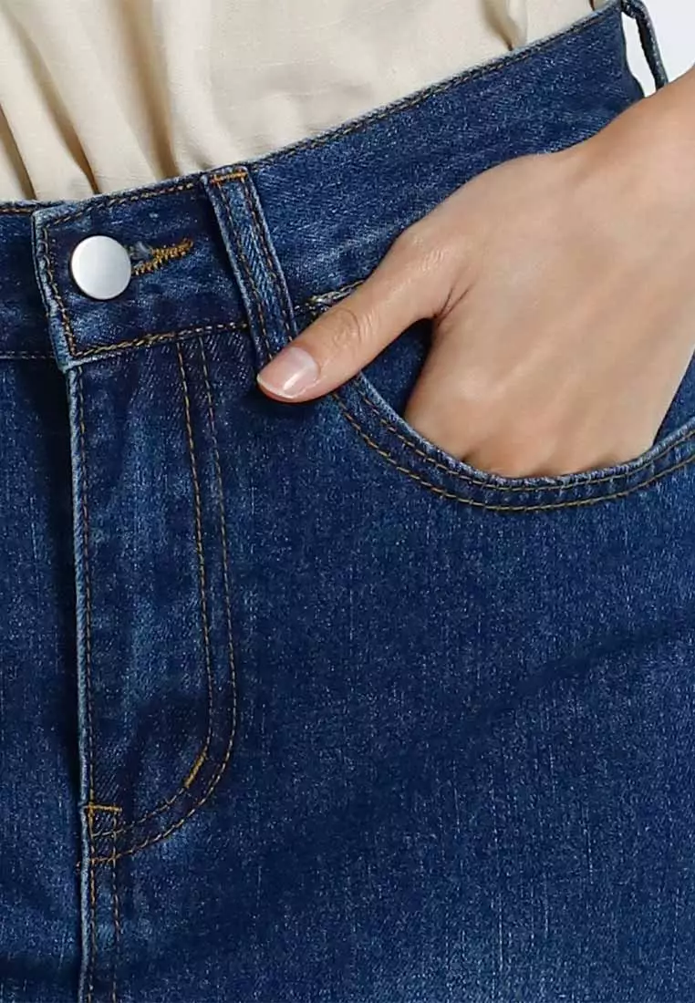 Forest Ladies A-Line Denim Skirt Women Long Skirt with Slit - 880014-31Blue