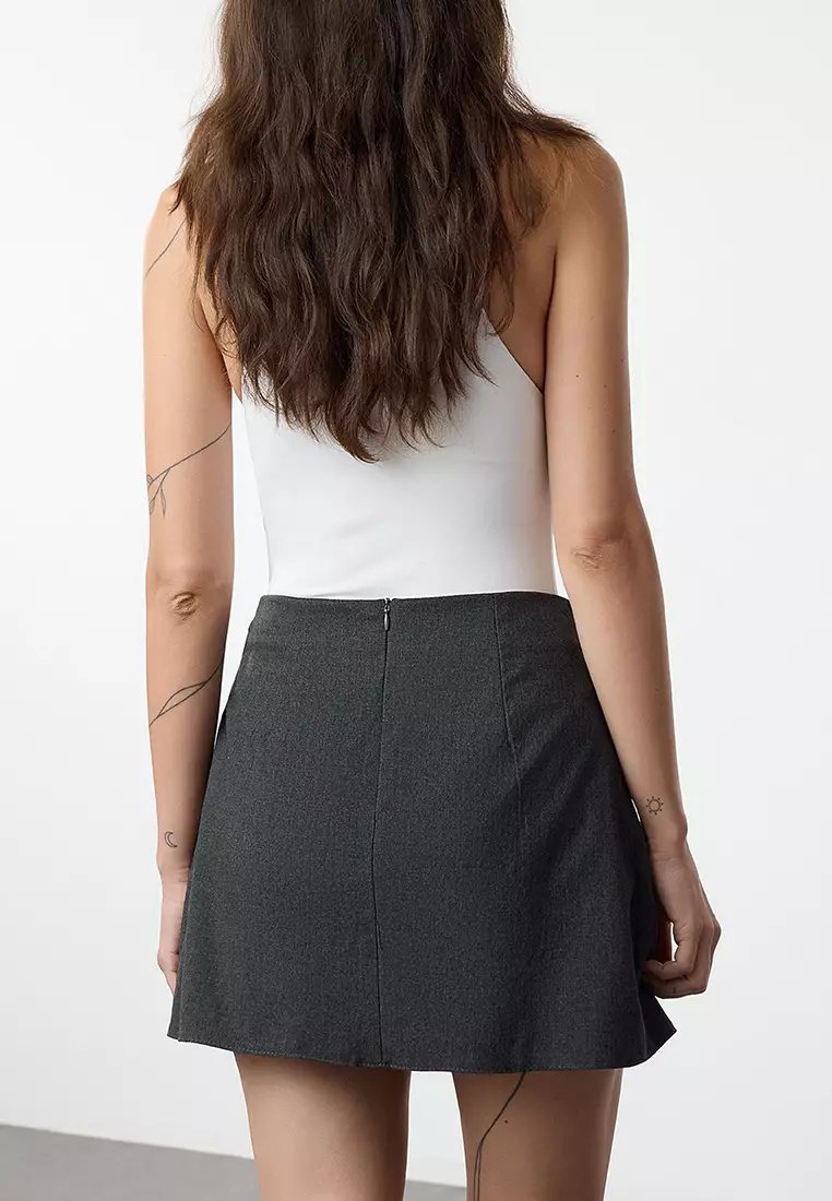 Dark Anthracite Pleated And Ribbon Detailed Mini Skirt Tedaw25Et00012